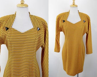 80s Yellow Striped Dress, Vintage Black and Yellow Stripe Joseph Ribkoff Rib Knit Dress, Raglan Sleeves, Medium