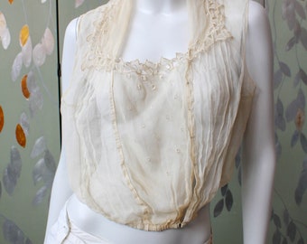 Victorian Net Corset Cover with Embroidered Collar, Small, Antique Sheer Blouse