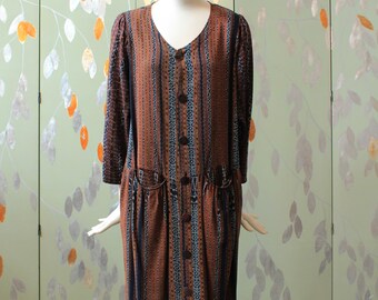 1990s Koochee Pattered Stripe Dress with Button Front, Small/Medium