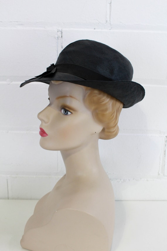 1930s Black Straw Hat, Asymmetrical Brim, Grosgra… - image 2