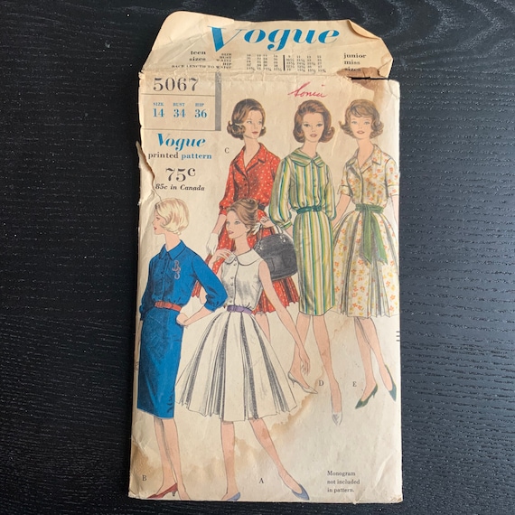 1960s Vogue Sewing Pattern 5067, Misses Dress Pattern with Straight or Full Double Box Pleat Skirt, 5 Styles, Size 14 Bust 34" Hip 36"