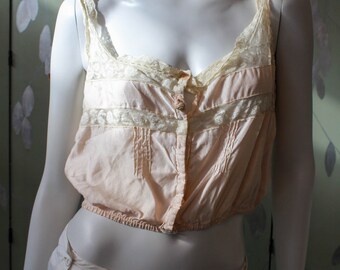 Pale Pink Silk Corset Cover, Small, Victorian/Edwardian Lingerie, Rose Applique and Lace Insets