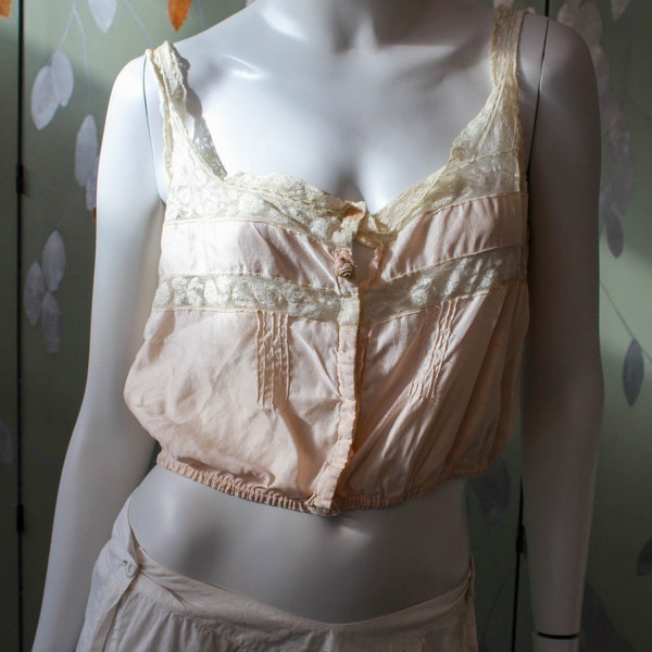 Pale Pink Silk Corset Cover, Small, Victorian/Edwardian Lingerie, Rose Applique and Lace Insets