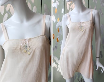 1920s Cotton Step-In with Fruit Applique, Pale Pink with Yellow Silk Lemons Applique, Antique Lingerie