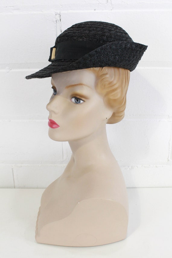 1930s Black Straw Women's Hat by Woolworth, with … - image 3