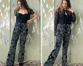 y2k Black Silver Beaded Sequinned Floral Pants, Kick Flares, Vintage 2000s Women's Pants