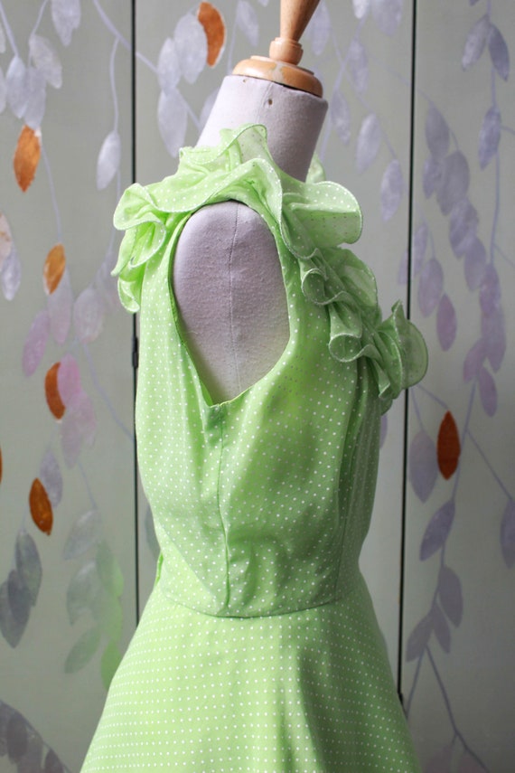 1960s Lime Green Polka Dot Party Dress, Small, Ru… - image 5
