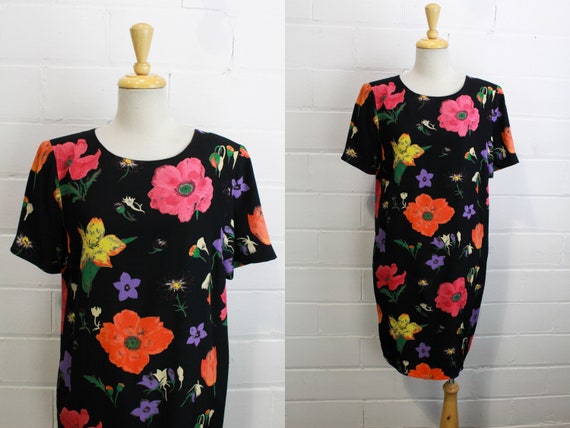 1990s Black Floral Dress, Medium, Short Sleeves, … - image 1