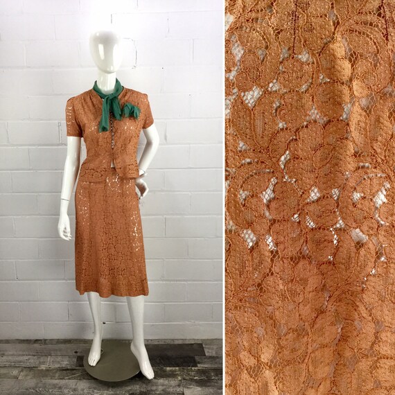 Vintage 30s Peach Floral Lace 2 PC Skirt Set w Gre