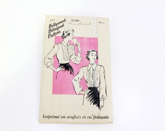 1940s Blouse Sewing Pattern Hollywood B 746, Vintage Sewing Pattern Bilingual, French and English Instructions, Bust 32 in., Complete