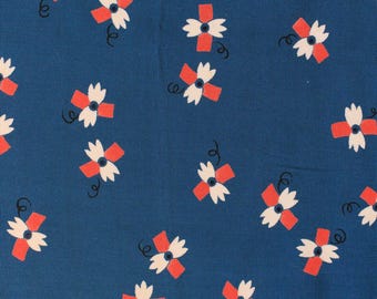 Tela de rayón con estampado abstracto azul cobalto, blanco, naranja y blanco, años 40, 3,5 yardas