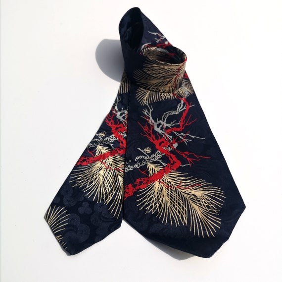 Vintage 40's Silk Tie, Red Navy & Cream, Branches