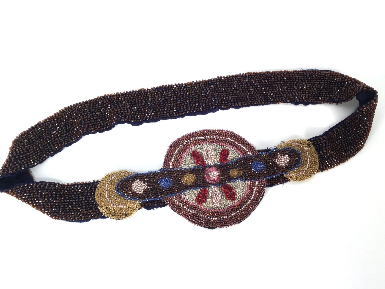 1970s Art Deco Beaded Belt with a fan design, in EUC Vintage Vintage Beaded Belt, Art Deco Style Alsace Waist Cinch, Gold  main image 2