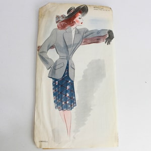 May include: Vintage sewing pattern featuring a woman wearing a grey jacket and a plaid skirt. The pattern is for a "Brandeline" design, size 12.