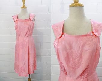 1960s Pink Silk Dress with Large Rose Print, Sleeveless Sheath Dress, Vintage 60s Cocktail Dress, Bust 34 in.