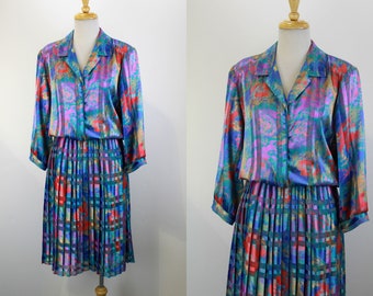 80s Pleated Dress, Abstract Print Metallic Shirt Dress, Vintage Long Sleeve Dress Damon II