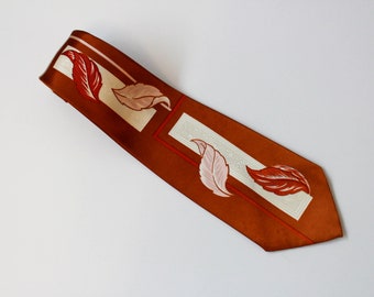 1940s Bronze Leaf Print Rayon Necktie, Wide Tongue Vintage Bold Look Tie by Regal Cravat