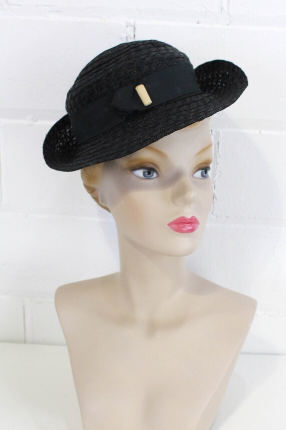 1930s Black Straw Women's Hat by Woolworth, with … - image 1