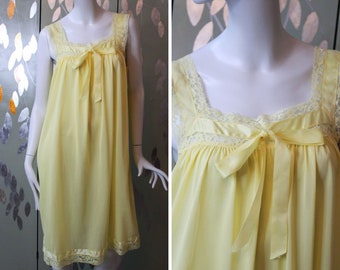 1960s Lemon Yellow Night Gown with Bow, Medium/Large, Coquette Aesthetic Vintage Night Dress