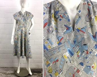 1950s Novelty Print Day Dress, Red Blue & Yellow Town Scenes, Cap Sleeves, Fit and Flare, Vintage Mid Century Summer Dress, B38" W30"