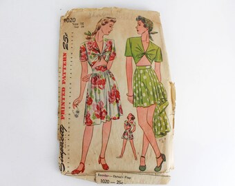 1940s Top, Shorts and Skirt Sewing Pattern Simplicity 1020, 40s Vintage Womens Pattern, Bust 34