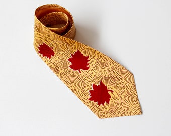 1940s Red Leaf Print Yellow Rayon Necktie, Wide Tongue Bold Look Vintage Tie