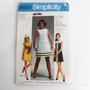 1960s Mod Dress Sewing Pattern Simplicity 8609, Complete, Vintage Collared Mini Dres, Bust 33.5&quot;