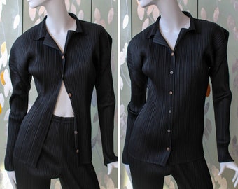 Issey Miyake Pleats Please Black Blouse, Medium, Button Up Shirt, Structural Pointed Shoulders