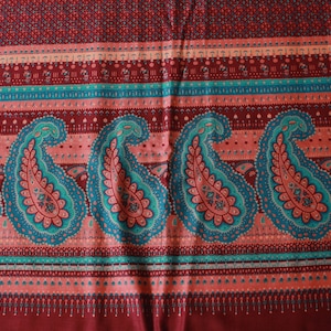 Vintage 1980s Deep Magenta And Teal Paisley Border Print, Cotton fabric, 4.5 Yards