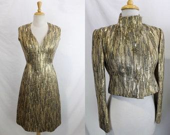 1960s Pauline Trigere Metallic Gold Lame Cocktail Dress, Vintage Cocktail Dress & Matching Coat, V Neck Sleeveless Dress Suit, B34, W28