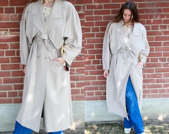 80s Trench Coat by Marie France, Wool, Large, Made in France, Storm Flap and Belted Design