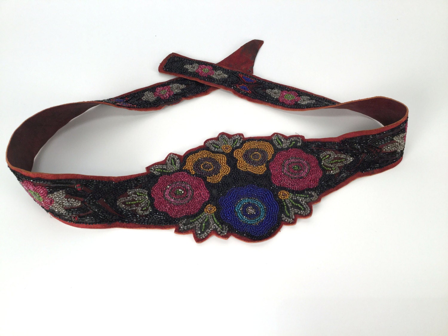 Vintage 1920s Womens Hand Beaded Floral Belt, Antique Art  display picture 1