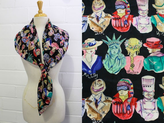 Vintage Silk Scarf Colourful Portrait Illustration