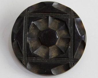 1920s Deco Button Etched Flower, 2 3/4 in. Dark Brown Antique Decorative Button