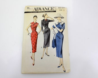 1950s Women's Cape Collared Sheath Dress Sewing Pattern Advance 8234, Sleeves, Sleeveless, Vintage 50s Sewing Pattern, Bust 34 in. Complete