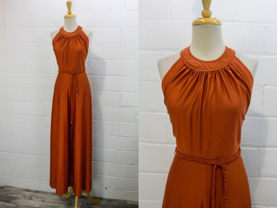 Vintage 1970s Aline Marelle Bronze Halter Jumpsuit