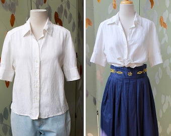 Classic White Linen Blouse, Medium, Vintage Short Sleeve Button Up Shirt