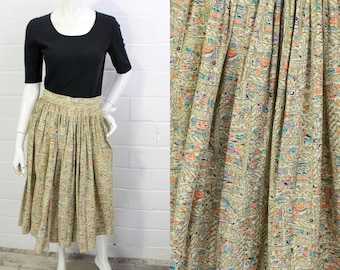 1950s Novelty Print Skirt, Middle Eastern Floral Print Cotton, Vintage Full Skirt, Waist 24 in. XS