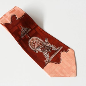 1940s Ornate Chair and Lamp Print Rayon Necktie, Bold Look Vintage Wide Tongue Tie by Manhattan