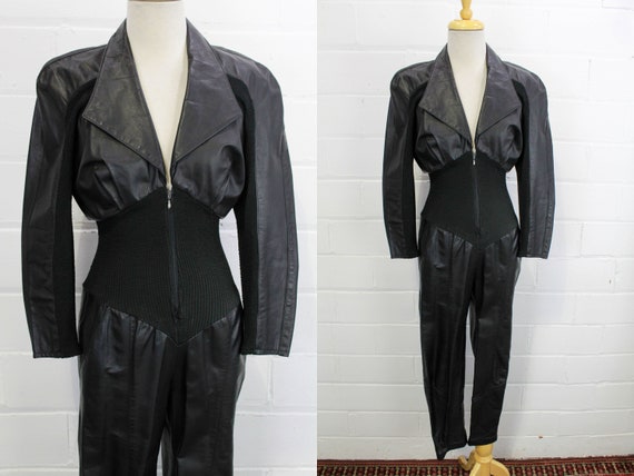 80s Black Leather Jumpsuit, XS, Climax by Karen O… - image 1