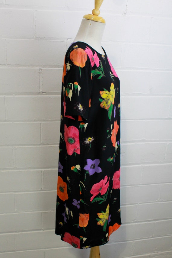 1990s Black Floral Dress, Medium, Short Sleeves, … - image 4