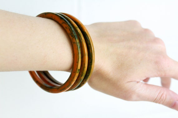 40s Marbled Bakelite Bangles, Orange and Green, E… - image 1