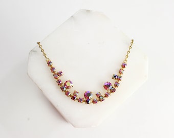 1950s Crystal Necklace, Gold Tone Chain with Aurora Borealis Pink Rhinestones
