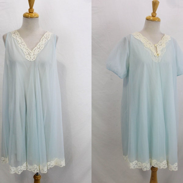 1960s Baby Blau Chiffon Peignoir Set, Medium, Vintage Mid Century Nachtkleid und passender Peignoir, Puffärmel, Spitzenbesatz