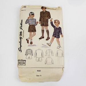 1940s Boys Child's Sewing Pattern Simplicity 4880, Jacket, Shirt and Shorts, Vintage 40s Sewing Pattern, Complete, Chest 24 in.
