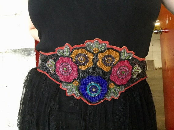 Vintage 1920s Womens Hand Beaded Floral Belt, Antique Art 