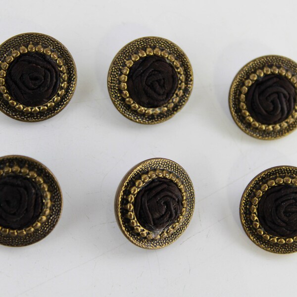 Vintage Brass and Silk Ribbon Rosette Buttons, 7/8 in. 22 mm, Set of 6