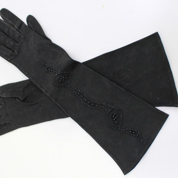 Vintage 1950s/60s Black Beaded Opera Gloves, Formal Gloves, Long Dress Gloves, Made in France, Size 7.5