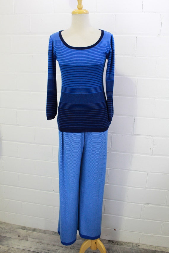 1970s Givenchy Taupe Red and Blue Striped Knit Jersey Pant & Top Set