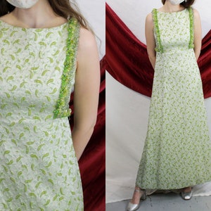 1960S Green Silver Lurex Beaded Maxi Dress, Small, Paisley Print, Vintage 60s Formal Party Dress by Joan Rigby